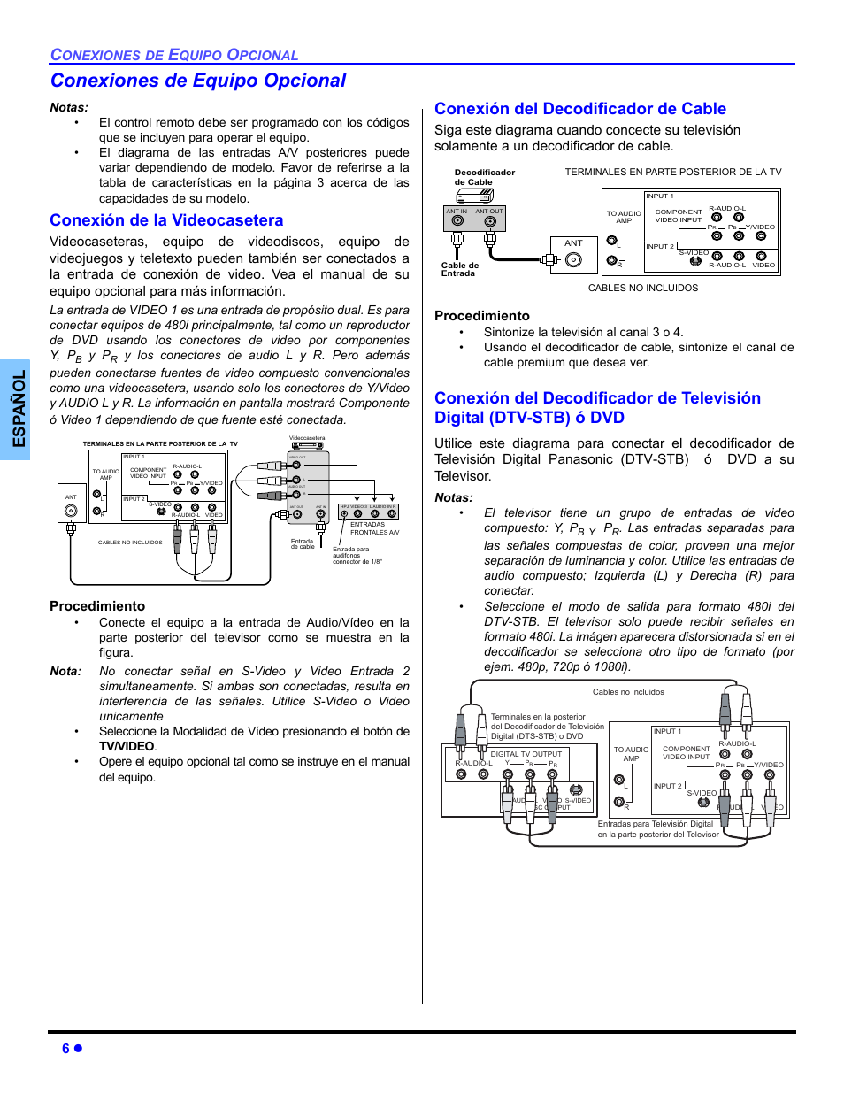 Conexiones de equipo opcional, Es p añol, Conexión de la videocasetera | Conexión del decodificador de cable, Procedimiento, Onexiones, Quipo, Pcional | Panasonic CT-32E14 User Manual | Page 30 / 80