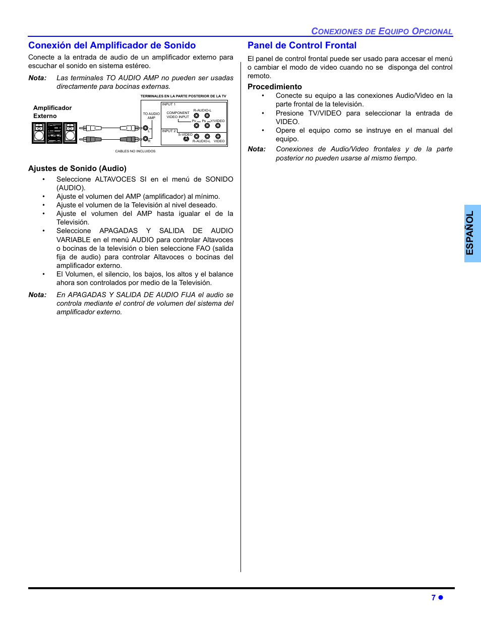 Es p añol conexión del amplificador de sonido, Panel de control frontal | Panasonic CT-32E14 User Manual | Page 31 / 80