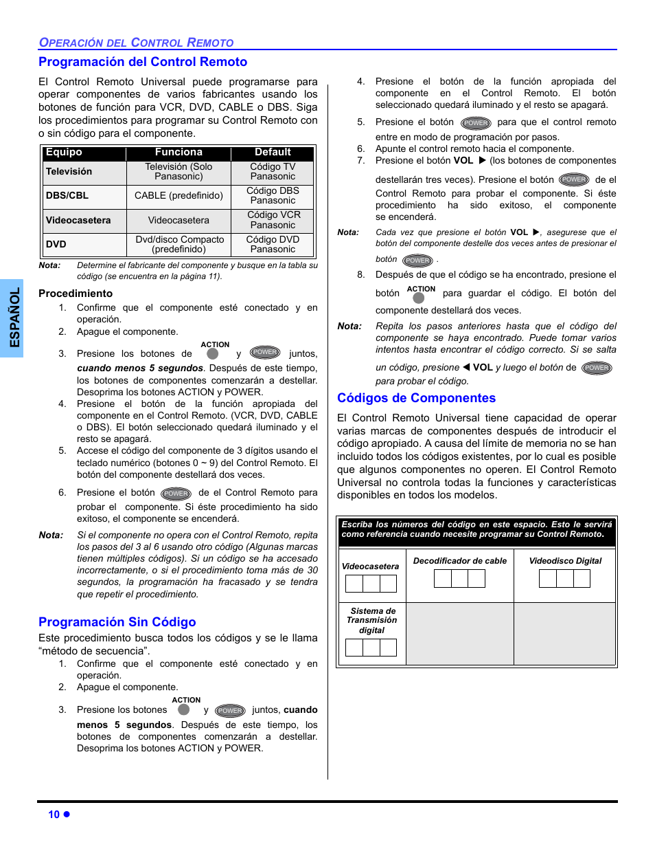 Es p añol programación del control remoto, Programación sin código, Códigos de componentes | Panasonic CT-32E14 User Manual | Page 34 / 80