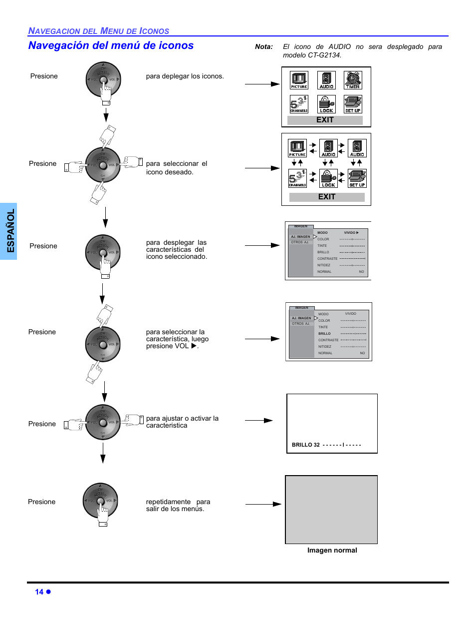 Navegacion del menu de icons, Navegación del menú de iconos, Es p añol | Panasonic CT-32E14 User Manual | Page 38 / 80