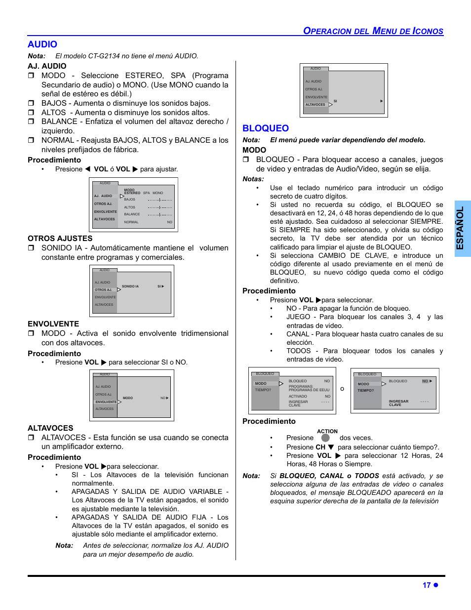 Es p añol audio, Bloqueo | Panasonic CT-32E14 User Manual | Page 41 / 80