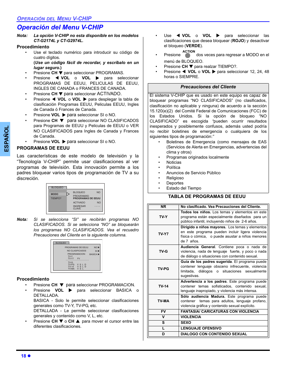 Operacion del menu v-chip, Operación del menu v-chip | Panasonic CT-32E14 User Manual | Page 42 / 80