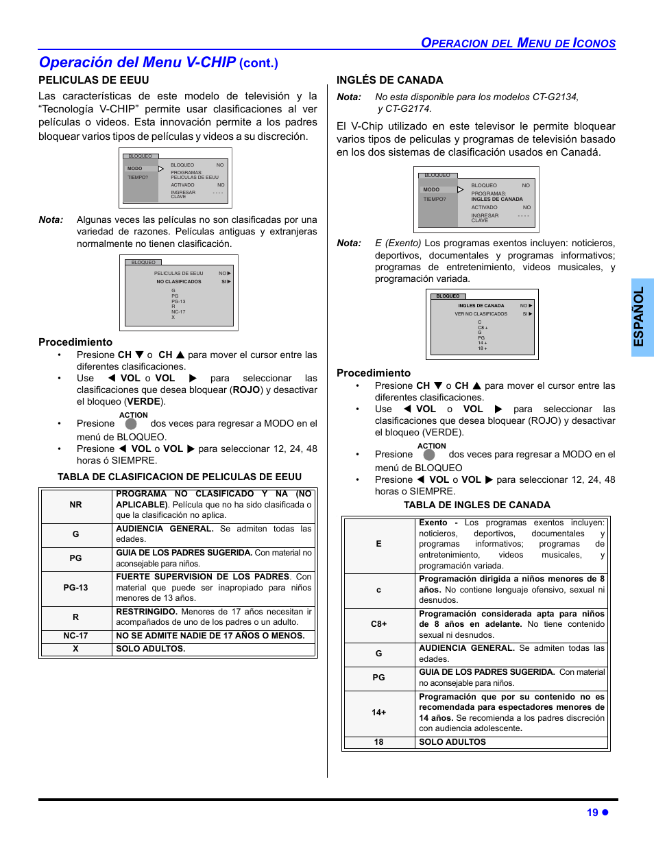 Operación del menu v-chip, Es p añol, Cont.) | Panasonic CT-32E14 User Manual | Page 43 / 80