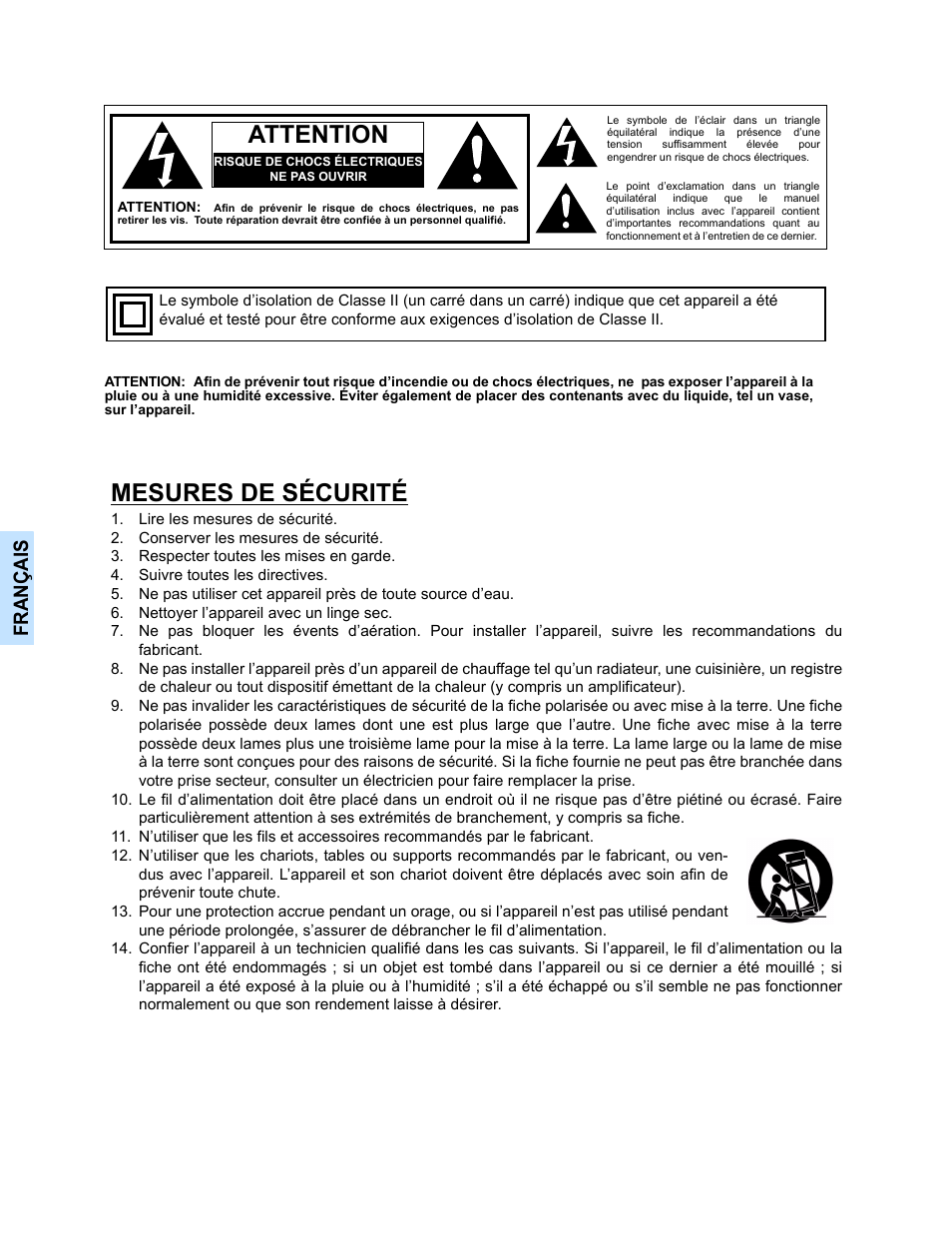 Attention, Mesures de sécurité, Françai s | Panasonic CT-32E14 User Manual | Page 48 / 80