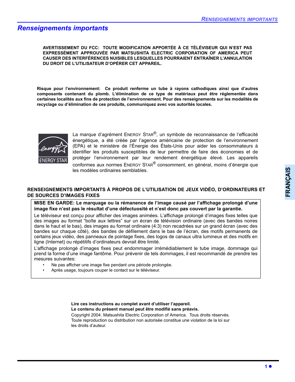 Renseignements importants, Françai s | Panasonic CT-32E14 User Manual | Page 49 / 80
