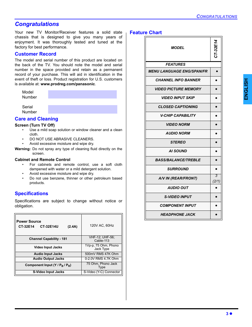 Customer record, Care and cleaning, Specifications | Feature chart | Panasonic CT-32E14 User Manual | Page 5 / 80