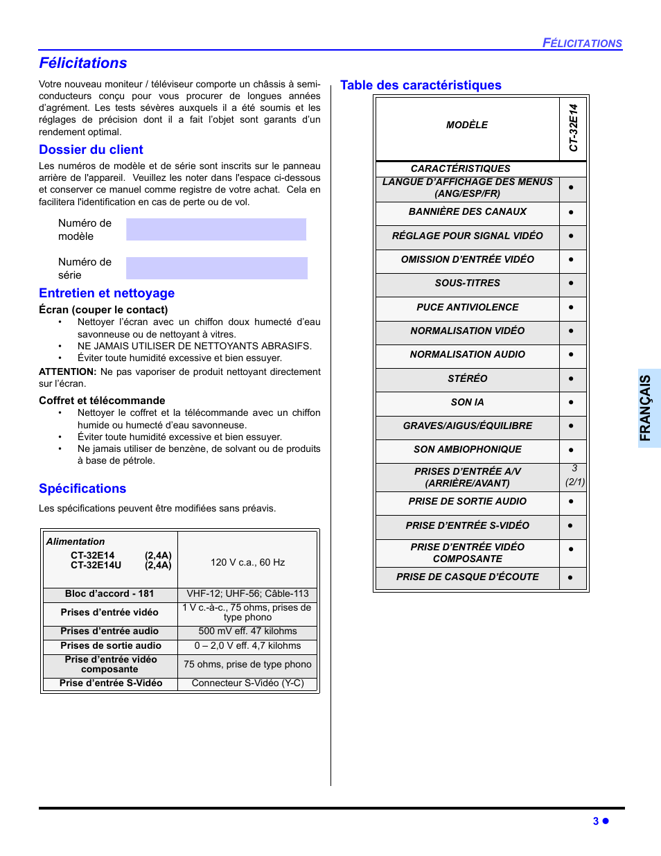 Felicitations, Félicitations, Françai s | Panasonic CT-32E14 User Manual | Page 51 / 80
