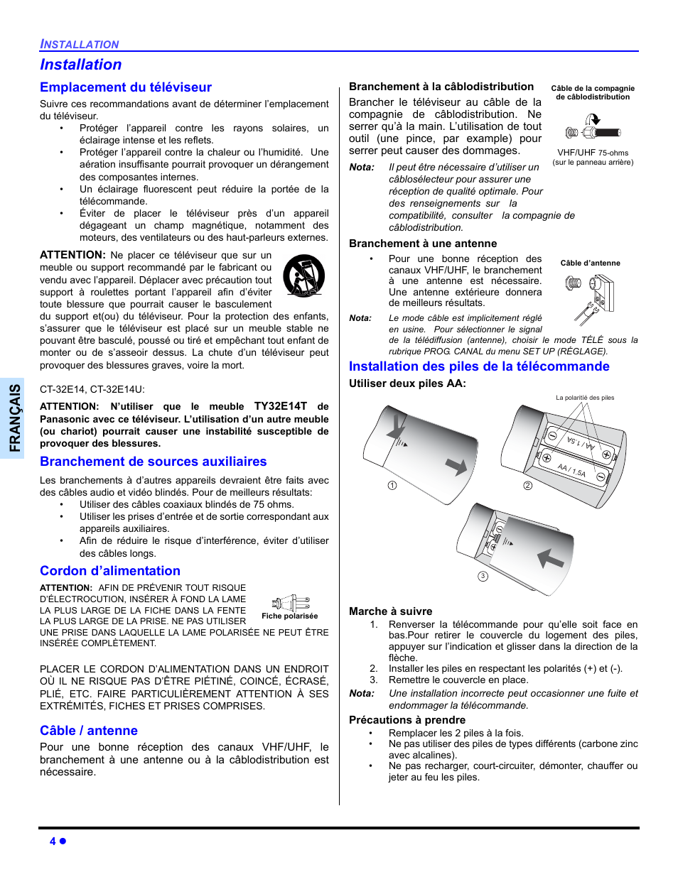 Installation, Françai s, Emplacement du téléviseur | Branchement de sources auxiliaires, Cordon d’alimentation, Câble / antenne, Installation des piles de la télécommande | Panasonic CT-32E14 User Manual | Page 52 / 80