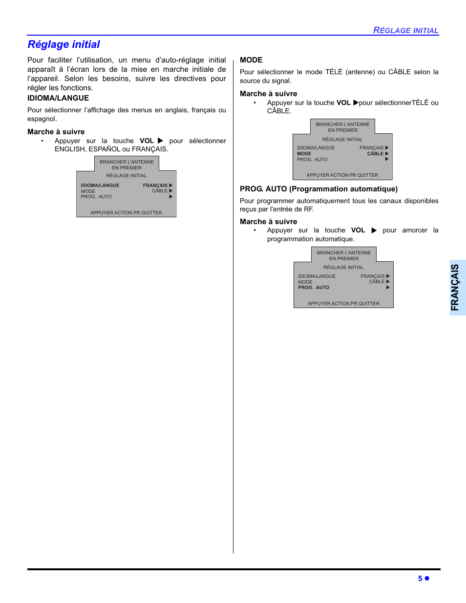 Reglage initial, Réglage initial, Françai s | Panasonic CT-32E14 User Manual | Page 53 / 80