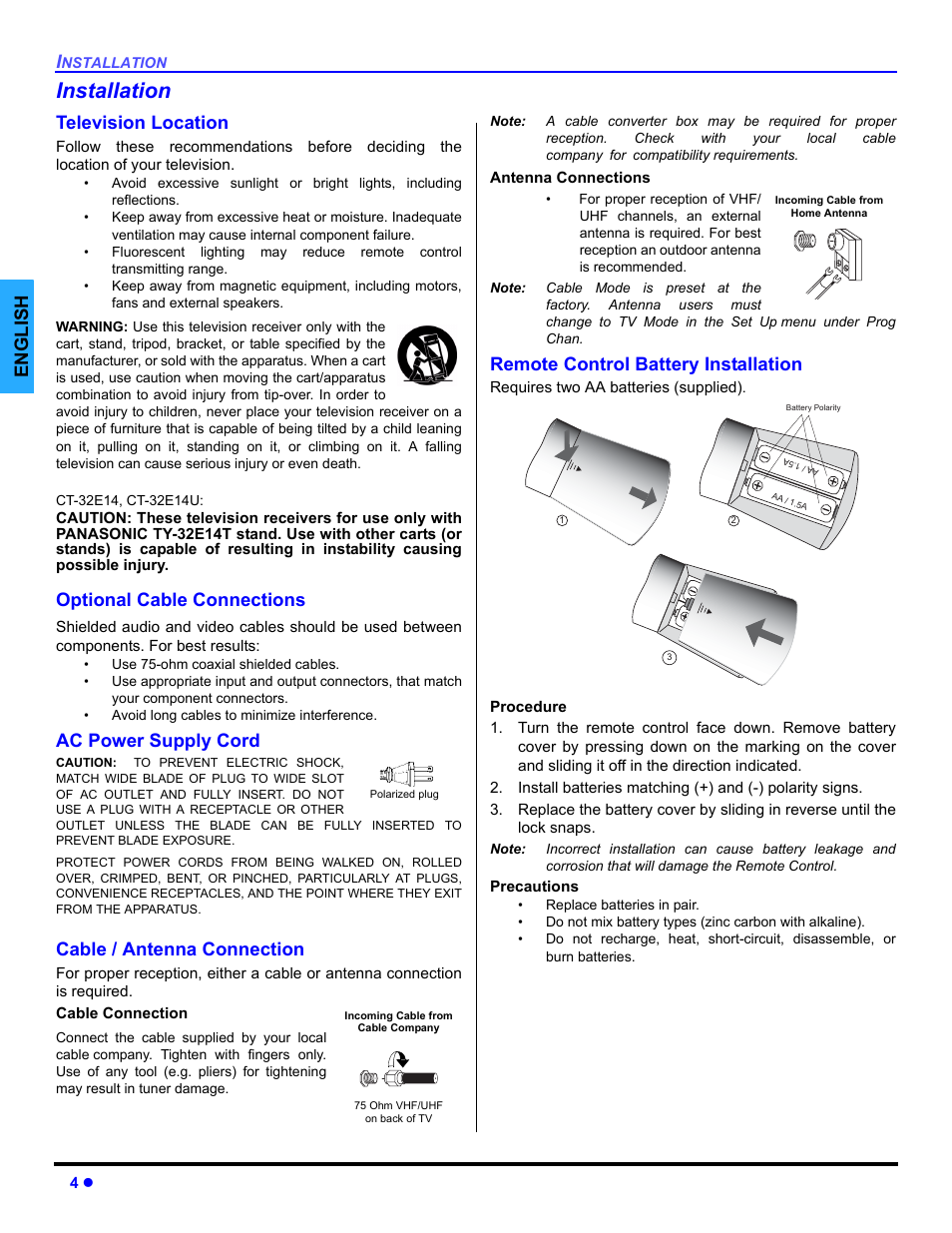 Optional cable connections, Ac power supply cord, Cable / antenna connection | Remote control battery installation, Installation, English, Television location | Panasonic CT-32E14 User Manual | Page 6 / 80