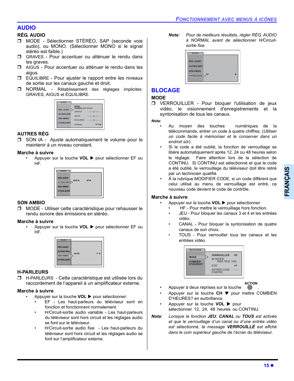 Françai s, Audio, Blocage | Panasonic CT-32E14 User Manual | Page 63 / 80