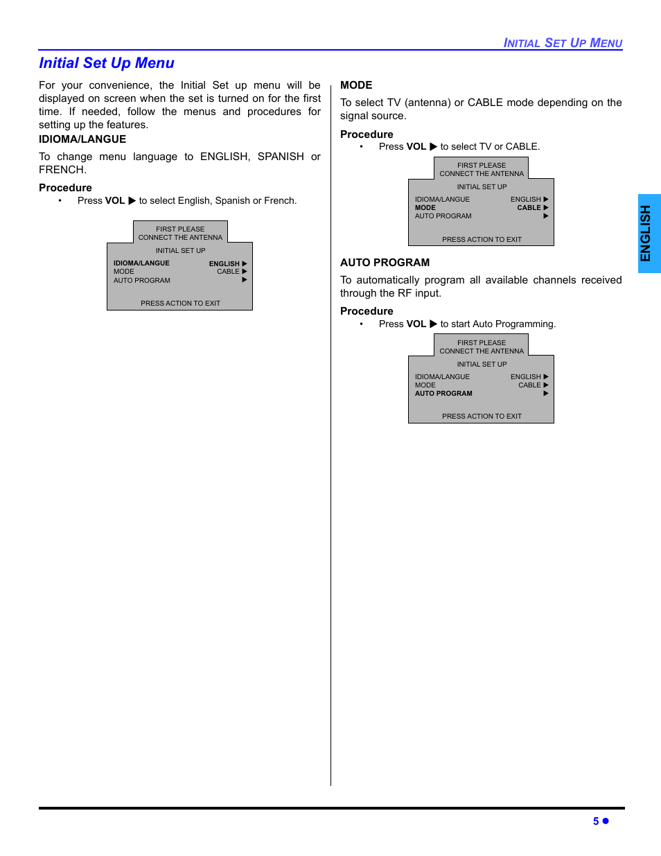 Initial set up menu, English | Panasonic CT-32E14 User Manual | Page 7 / 80