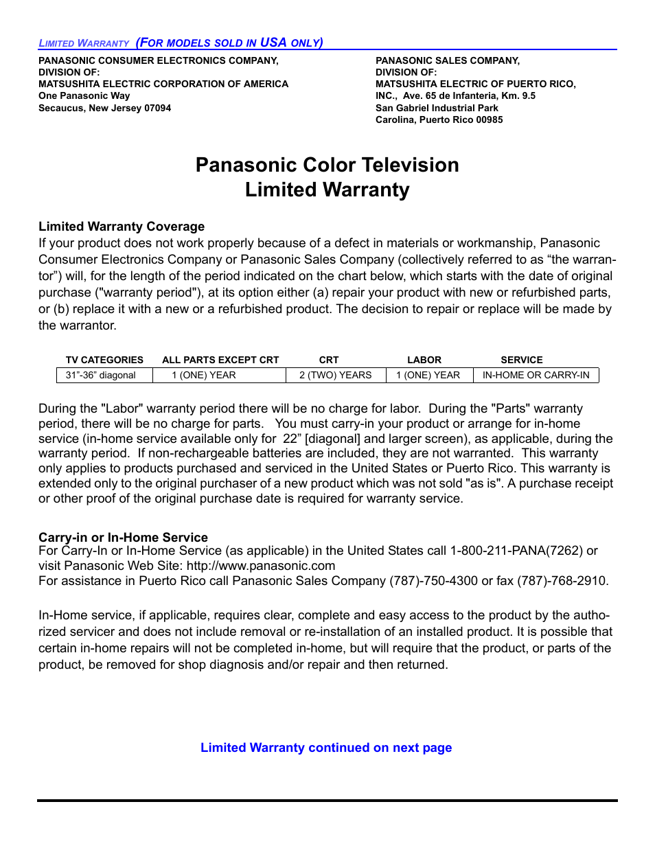 Panasonic color television limited warranty | Panasonic CT-32E14 User Manual | Page 70 / 80