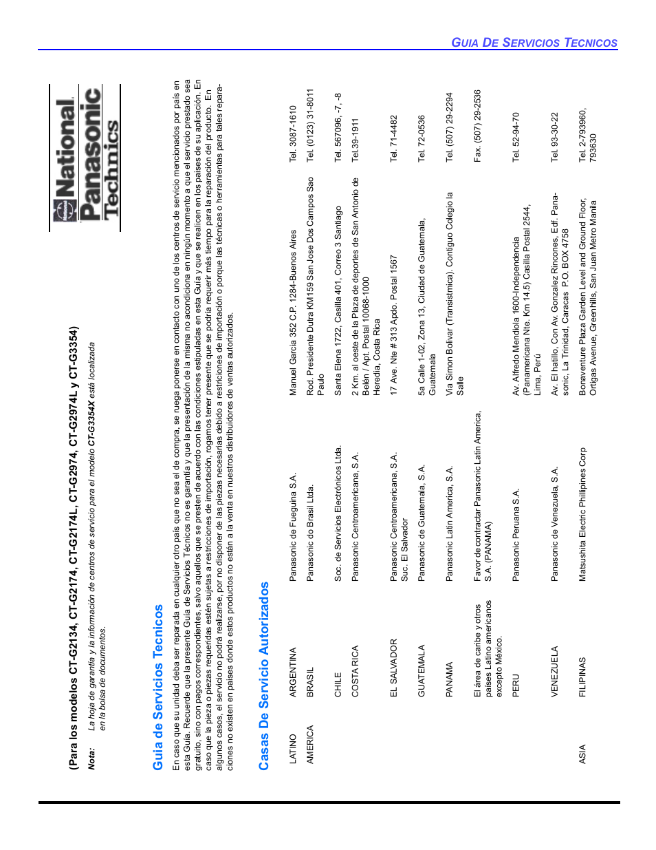 Guia de servicios t e cnicos, Casas de servicio autorizado s | Panasonic CT-32E14 User Manual | Page 73 / 80