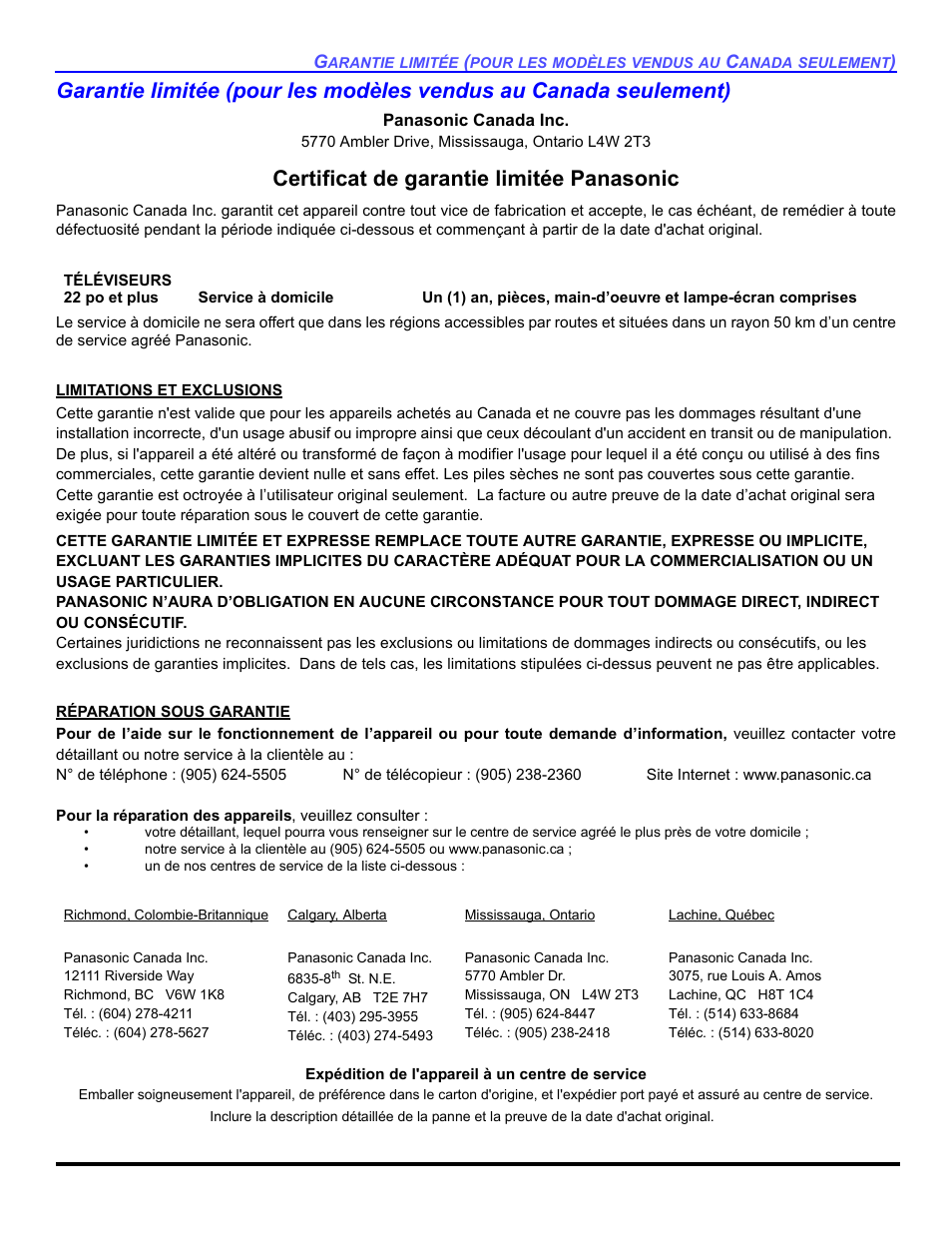 Certificat de garantie limitée panasonic | Panasonic CT-32E14 User Manual | Page 75 / 80