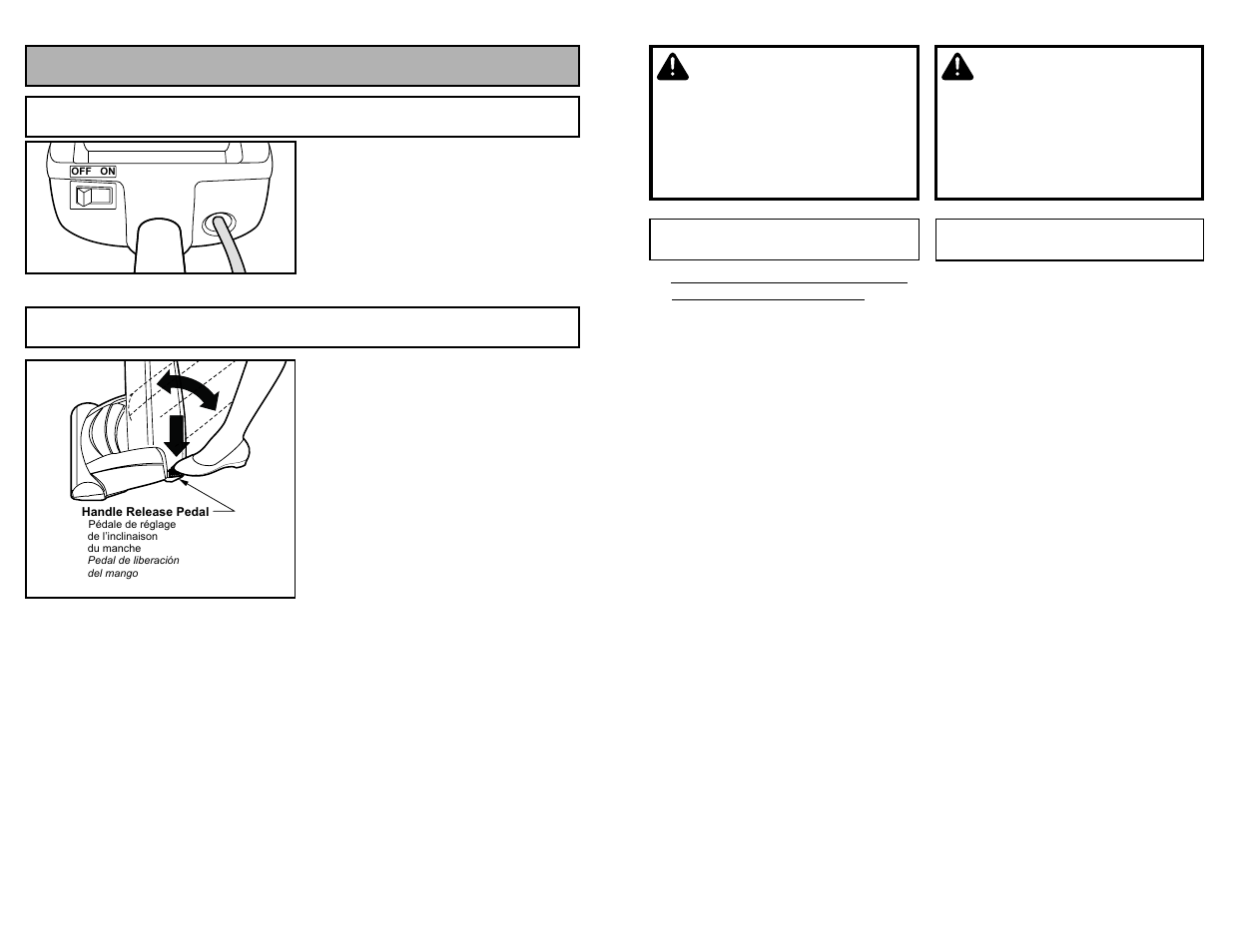 Enlevement et installation de la plaque inferieure, Quitar y ensemblar de la base inferior, Avertissement | Advertencia, Handle adjustments, On-off switch | Panasonic MC-V5210 User Manual | Page 29 / 48