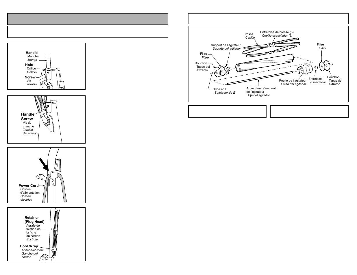 Assemblage de l agitateur, Nettoyage du boitier et des accessoires, Montaje de agitador | Limpieza del exterior y de los herramientas, Assembly, Attaching handle | Panasonic MC-V5210 User Manual | Page 35 / 48