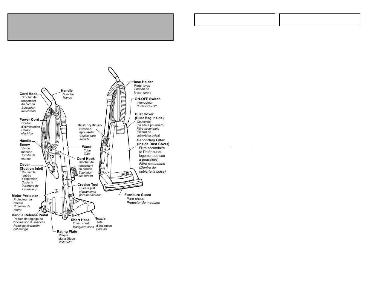 Degagement des obstructions, Quitando los residuos de basura en los conductos, Identificación de piezas | Parts identification nomenclature | Panasonic MC-V5210 User Manual | Page 37 / 48