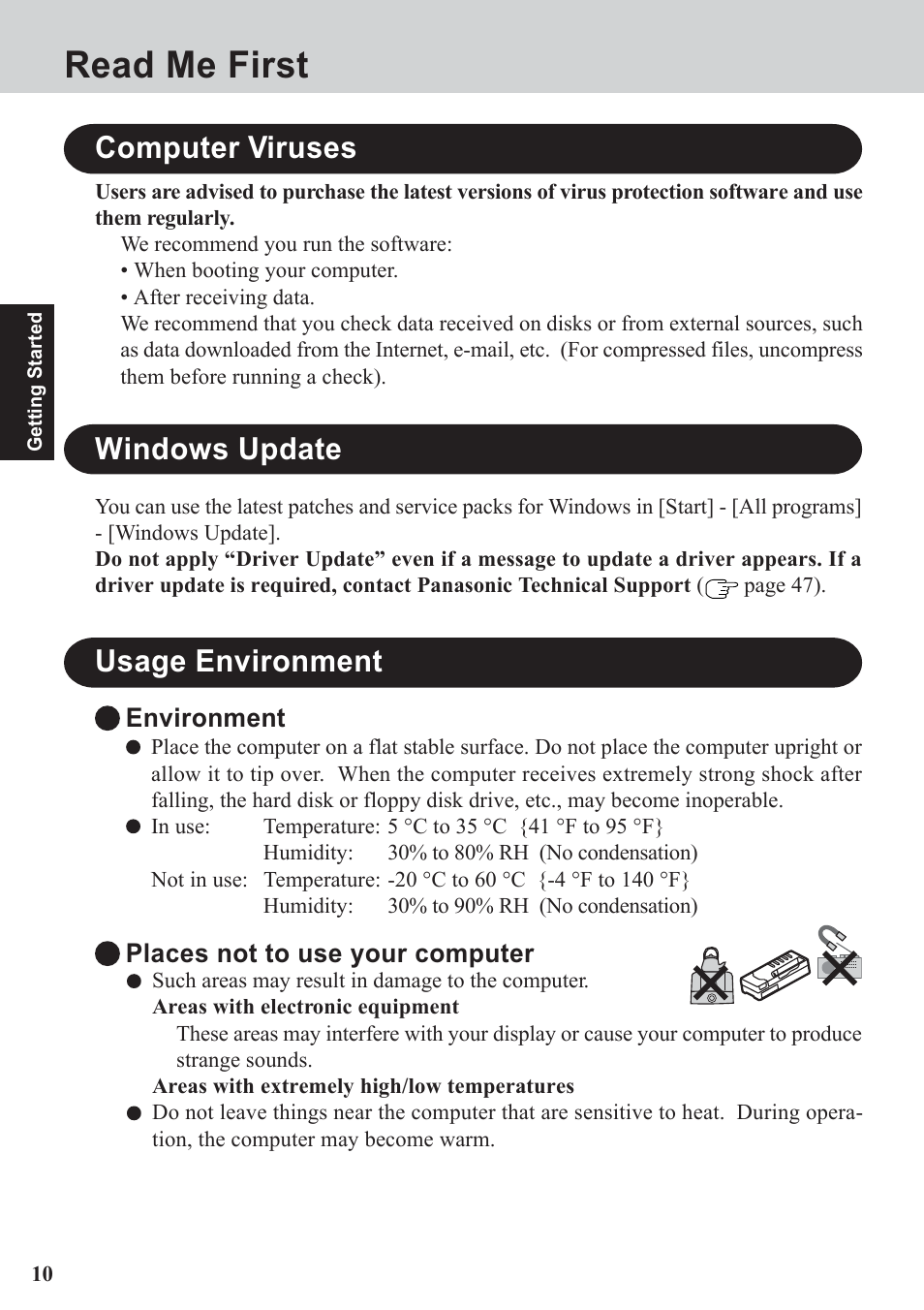 Read me first, Usage environment, Computer viruses windows update | Panasonic CF-07 Series User Manual | Page 10 / 52