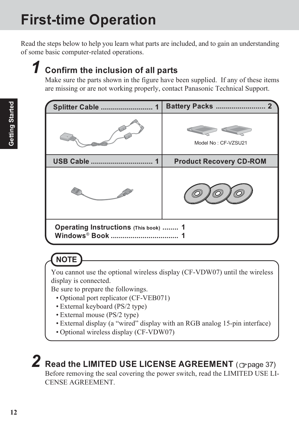 First-time operation | Panasonic CF-07 Series User Manual | Page 12 / 52