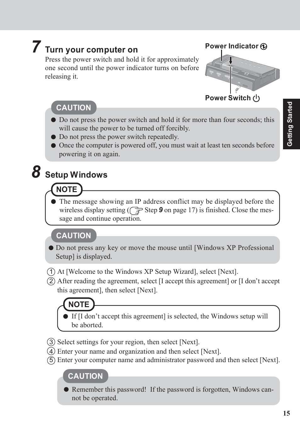 Setup windows, Turn your computer on | Panasonic CF-07 Series User Manual | Page 15 / 52