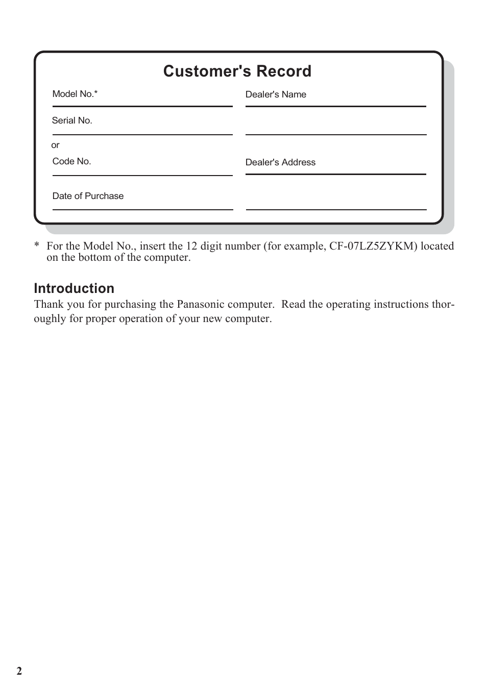 Customer's record, Introduction | Panasonic CF-07 Series User Manual | Page 2 / 52