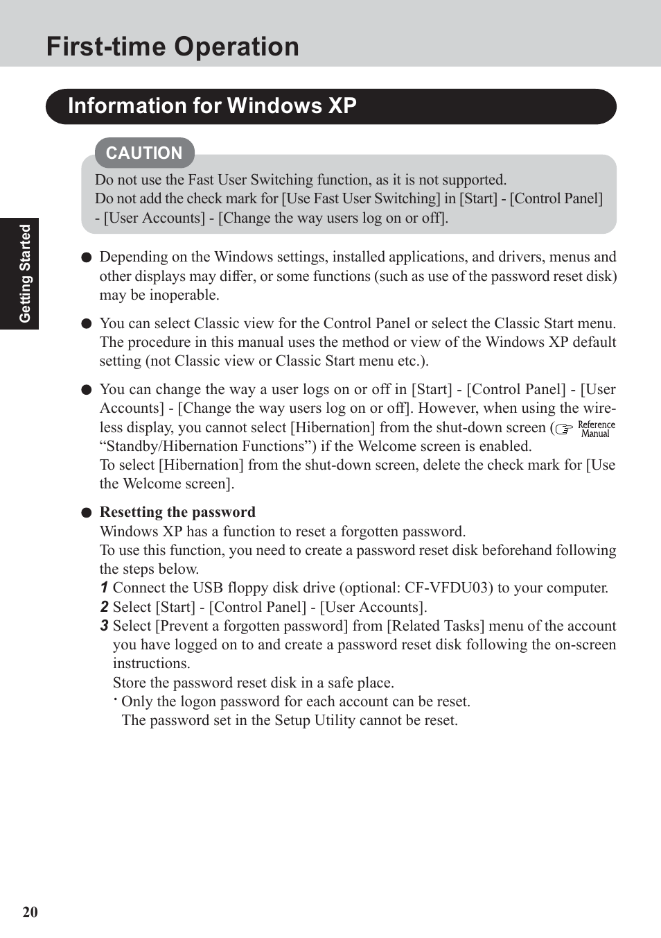 First-time operation, Information for windows xp | Panasonic CF-07 Series User Manual | Page 20 / 52