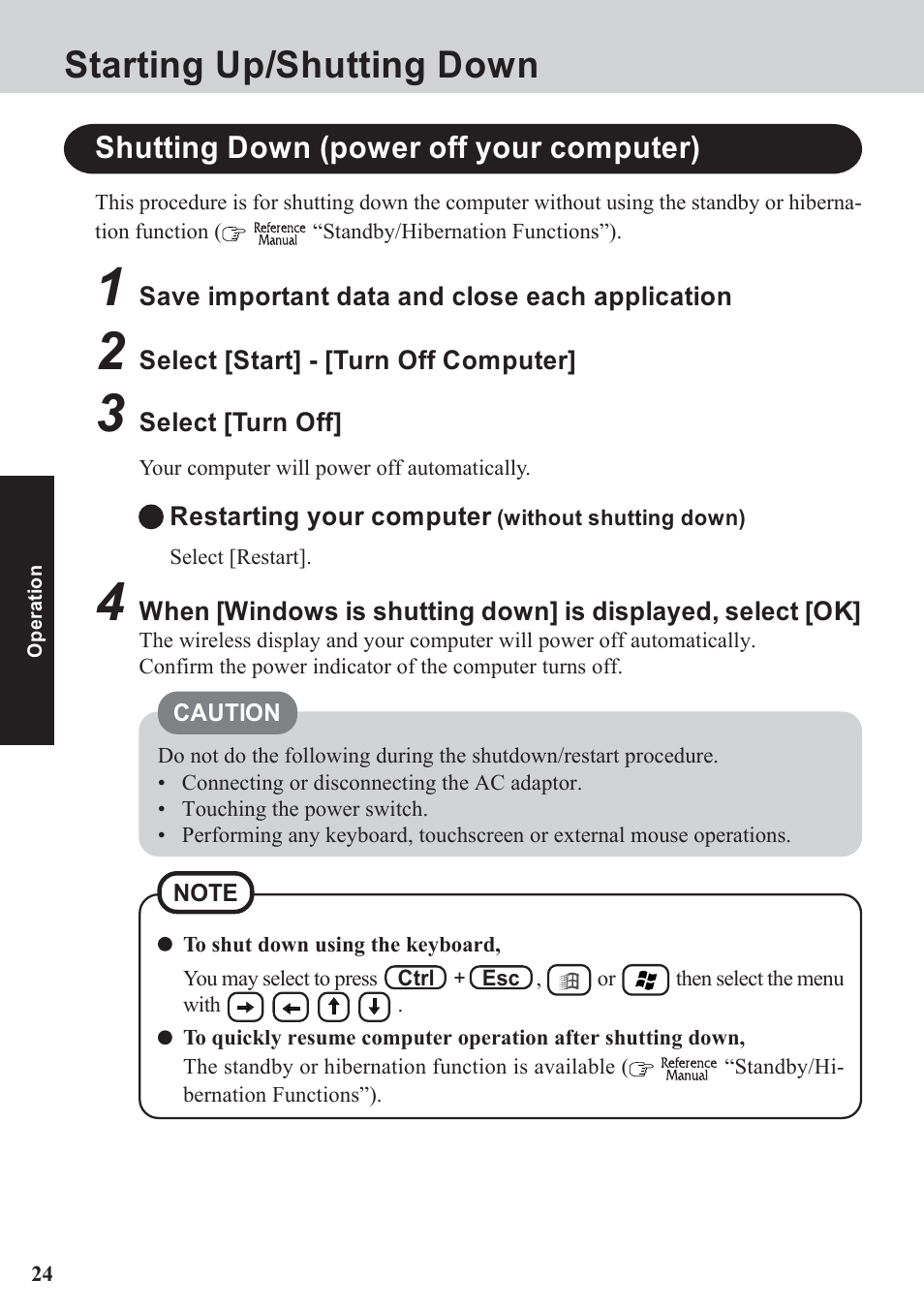 Starting up/shutting down, Shutting down (power off your computer) | Panasonic CF-07 Series User Manual | Page 24 / 52
