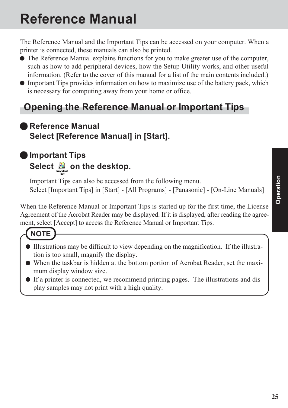 Reference manual, Opening the reference manual or important tips | Panasonic CF-07 Series User Manual | Page 25 / 52