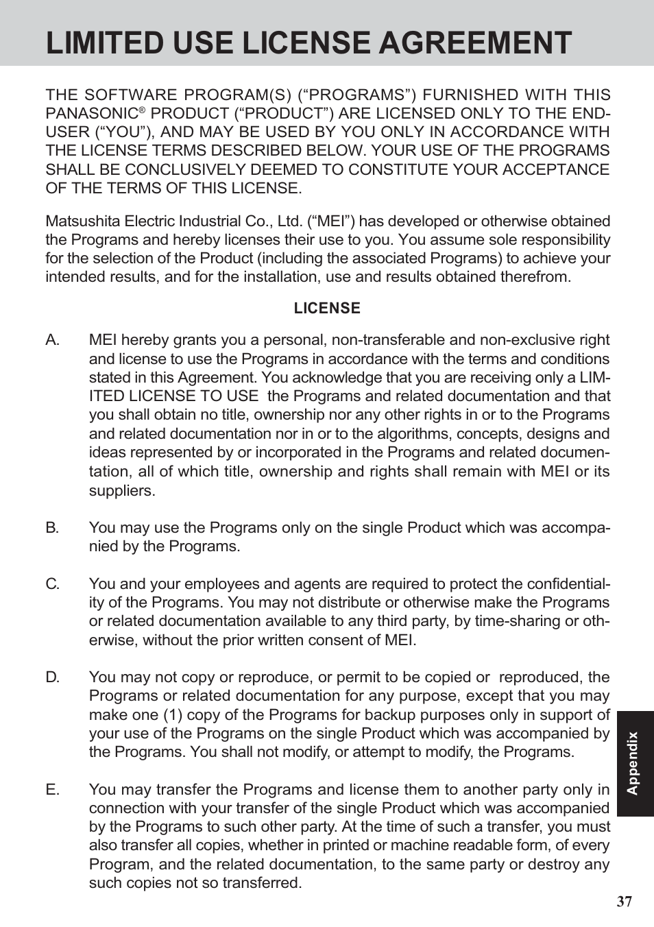 Limited use license agreement | Panasonic CF-07 Series User Manual | Page 37 / 52