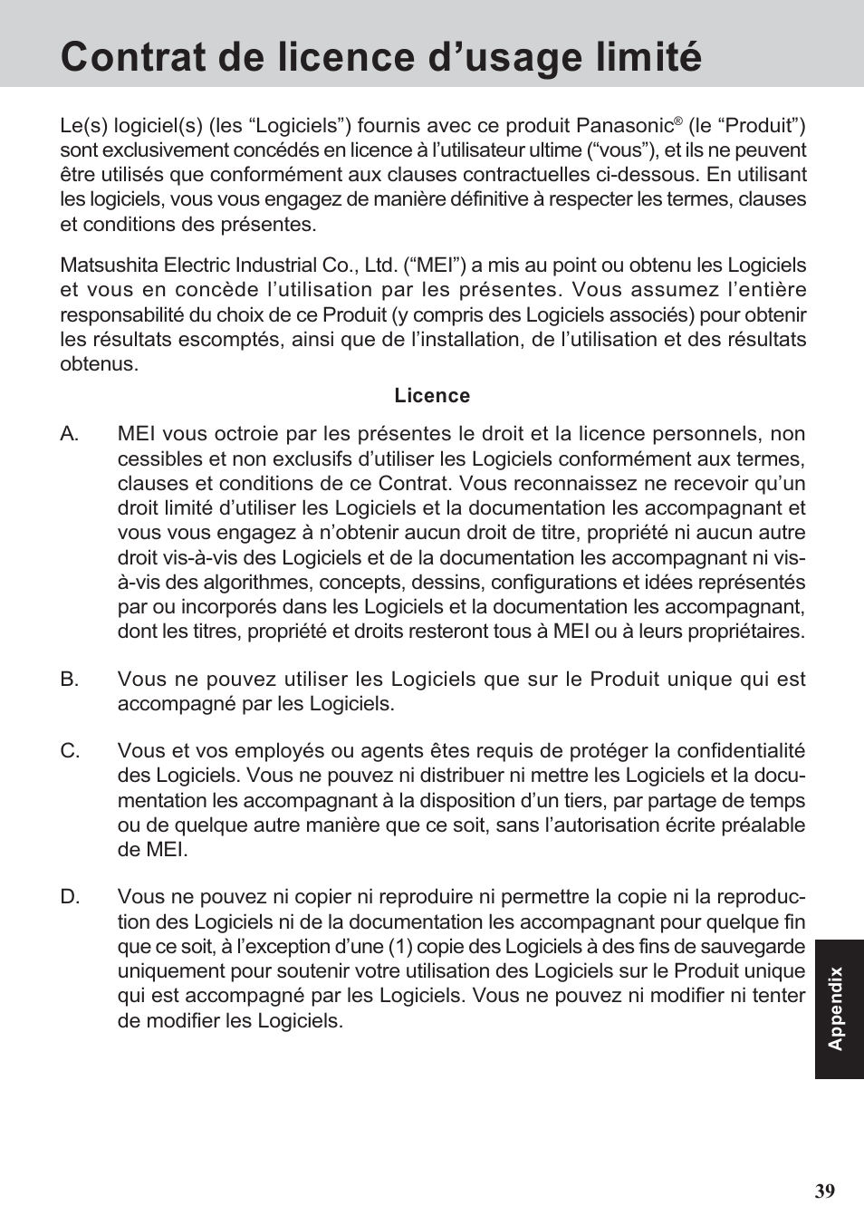 Contrat de licence d’usage limité | Panasonic CF-07 Series User Manual | Page 39 / 52