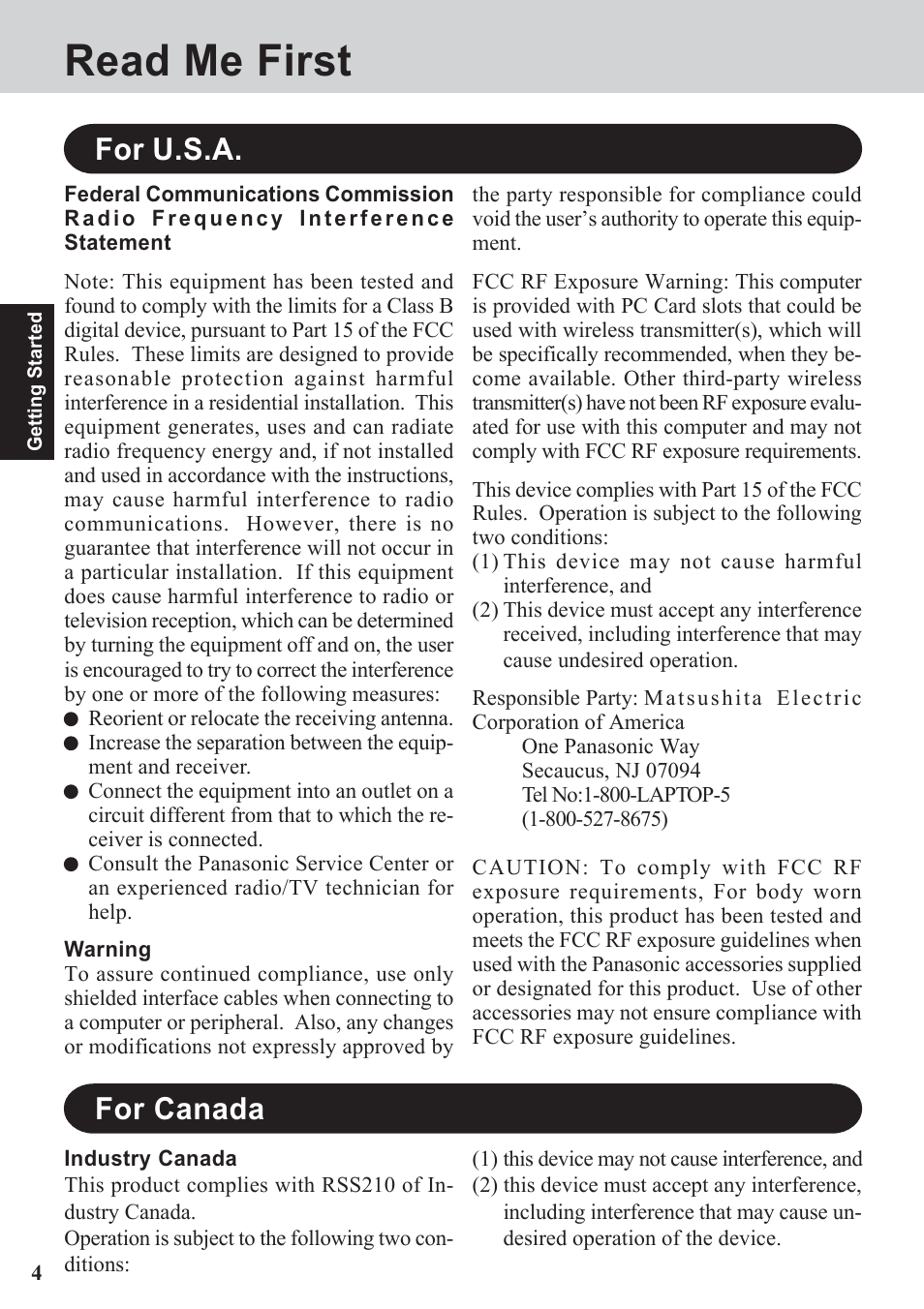 Read me first, For u.s.a, For canada | Panasonic CF-07 Series User Manual | Page 4 / 52