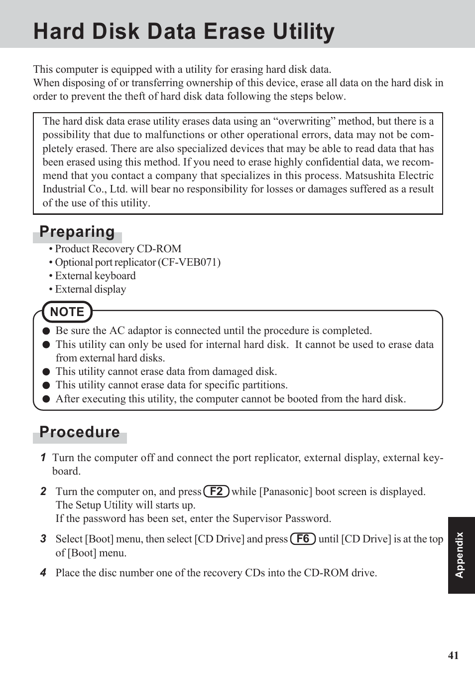 Hard disk data erase utility, Preparing, Procedure | Panasonic CF-07 Series User Manual | Page 41 / 52