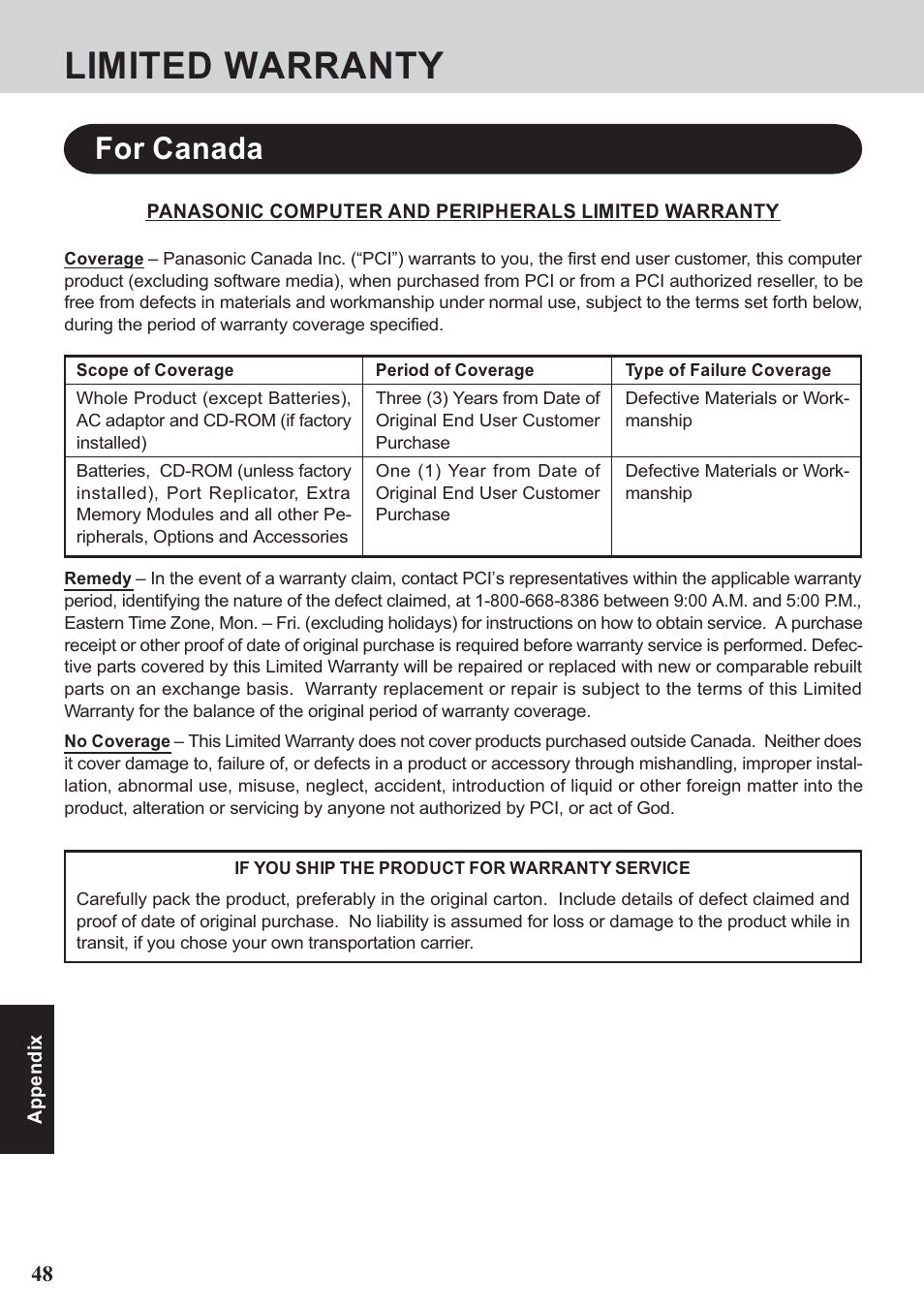 Limited warranty, For canada | Panasonic CF-07 Series User Manual | Page 48 / 52