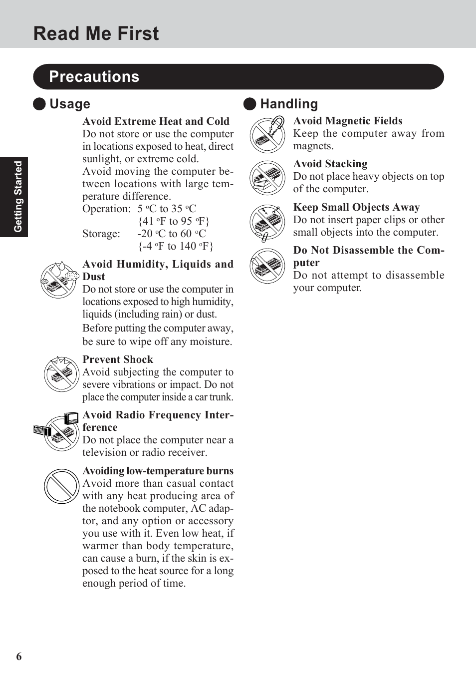 Read me first, Precautions, Usage | Handling | Panasonic CF-07 Series User Manual | Page 6 / 52