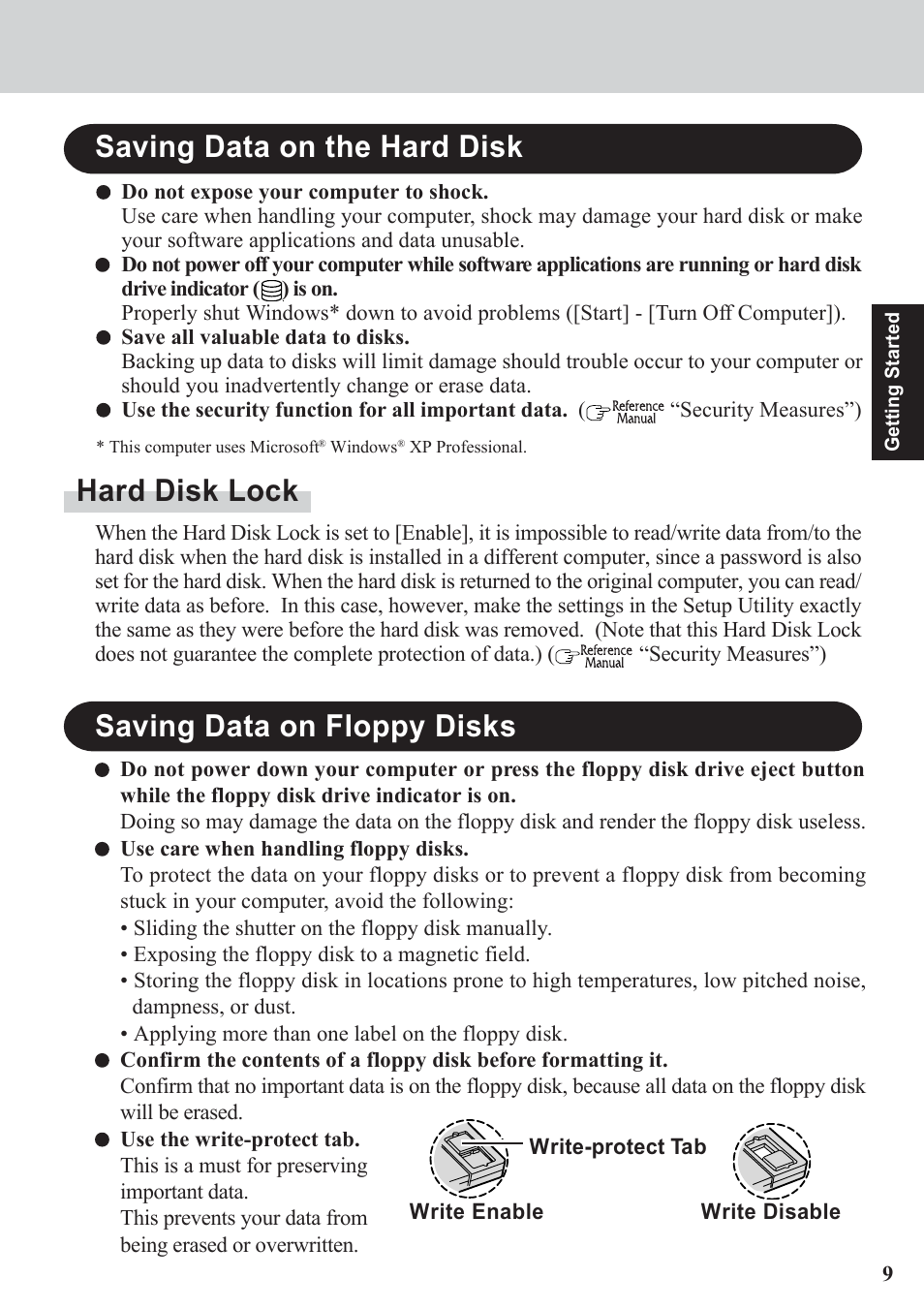 Saving data on the hard disk, Hard disk lock, Saving data on floppy disks | Panasonic CF-07 Series User Manual | Page 9 / 52