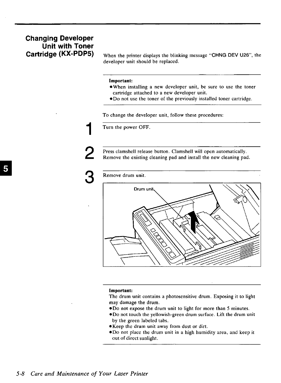 8 care and maintenance of your laser printer, Important | Panasonic KX-P4440 User Manual | Page 102 / 152
