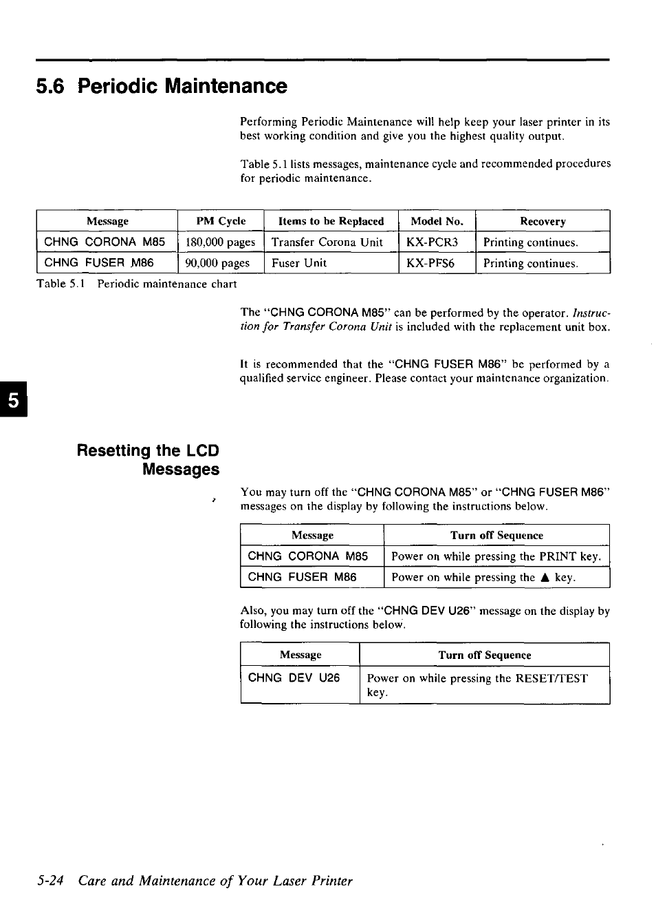 24 care and maintenance of your laser printer, 6 periodic maintenance, Resetting the lcd messages | Panasonic KX-P4440 User Manual | Page 118 / 152