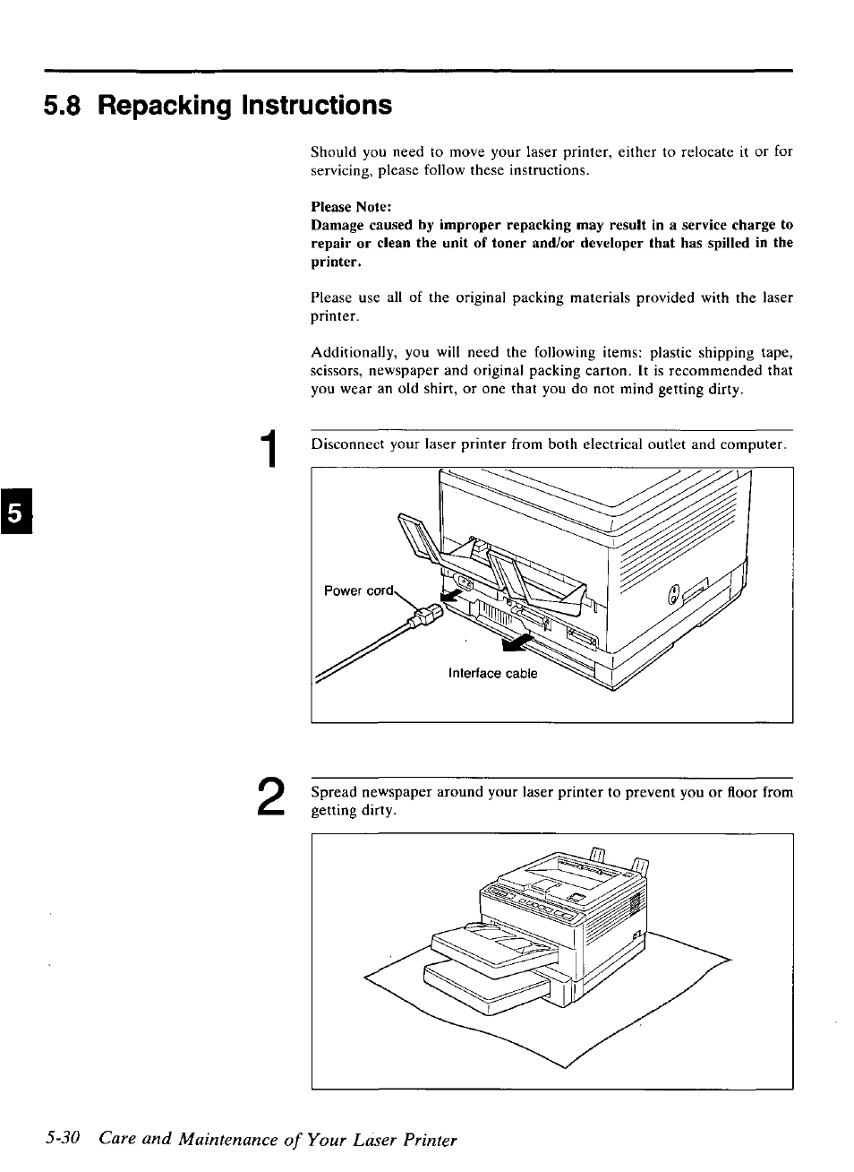 30 care and maintenance of your laser printer, 8 repacking instructions | Panasonic KX-P4440 User Manual | Page 124 / 152