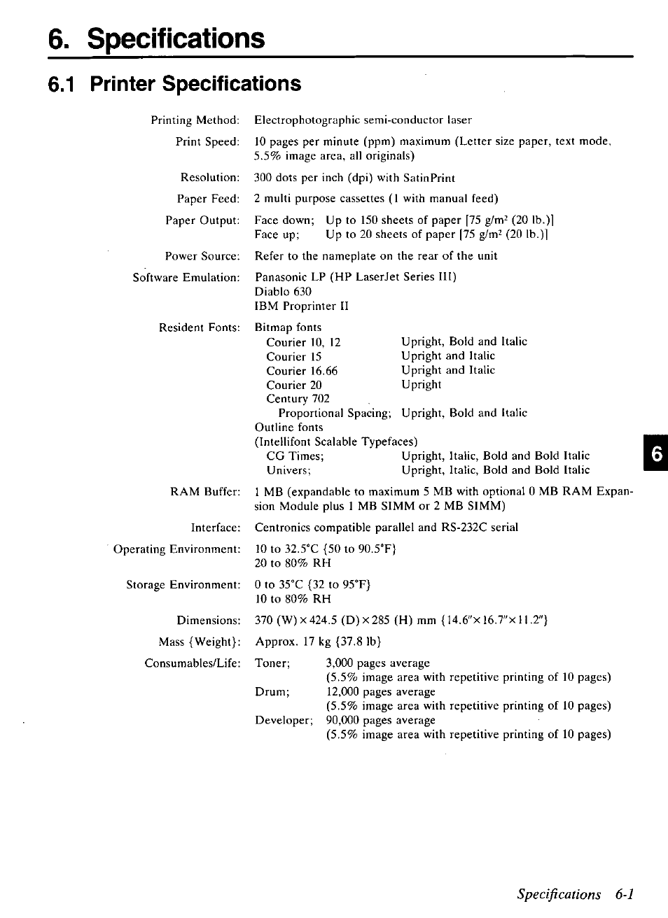 Specifications, Specifications 6-1, 1 printer specifications | Panasonic KX-P4440 User Manual | Page 129 / 152