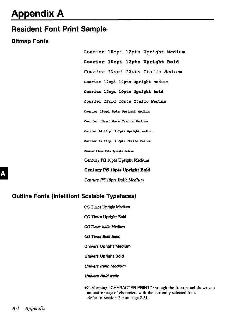 Appendix a, A-1 appendix, Resident font print sample | Cg times updgbt medium cg times upright, Bold italic | Panasonic KX-P4440 User Manual | Page 142 / 152