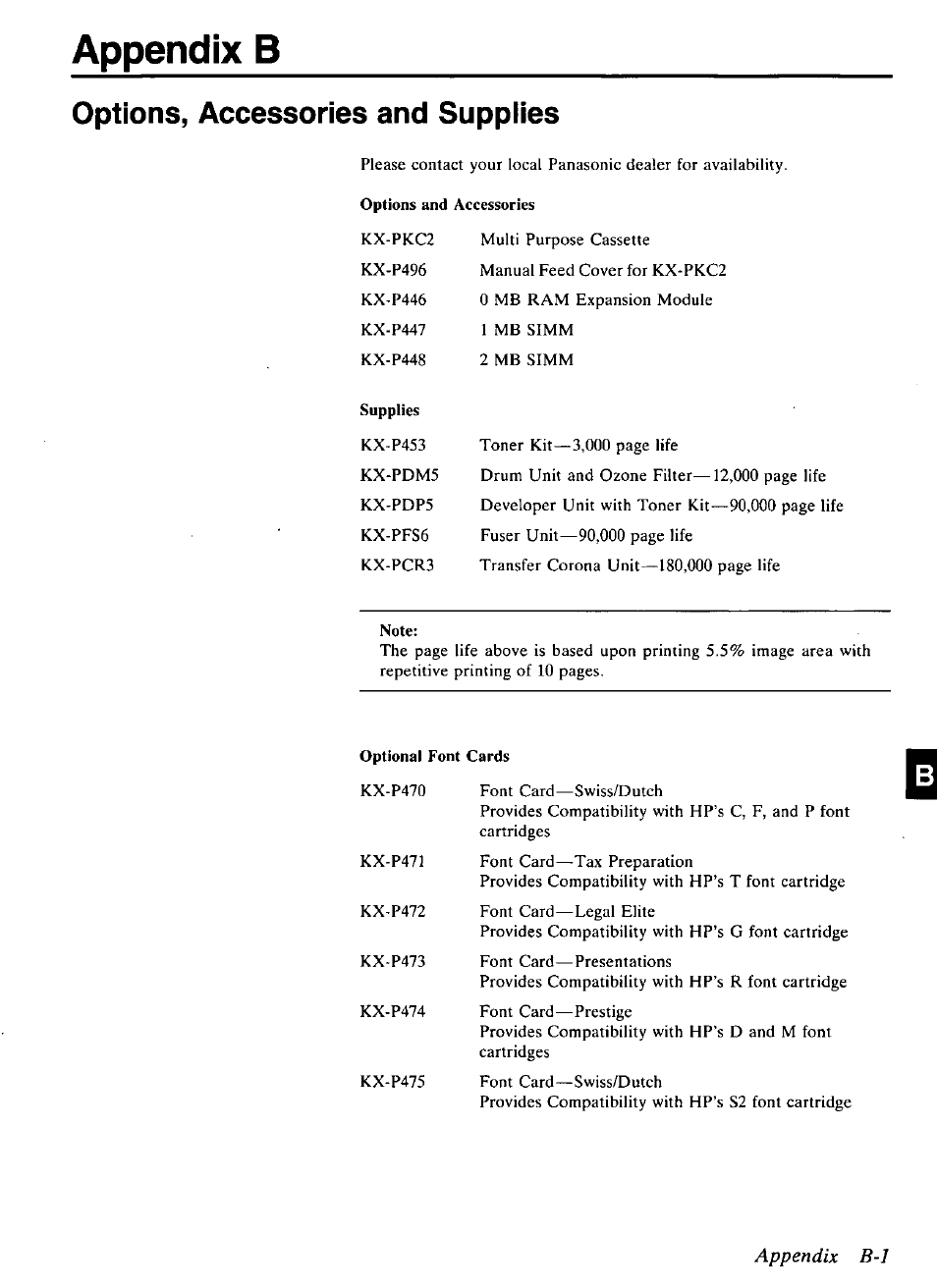 Appendix в, Appendix b-1, Options, accessories and suppiies | Options and accessories, Supplies, Optional font cards | Panasonic KX-P4440 User Manual | Page 143 / 152