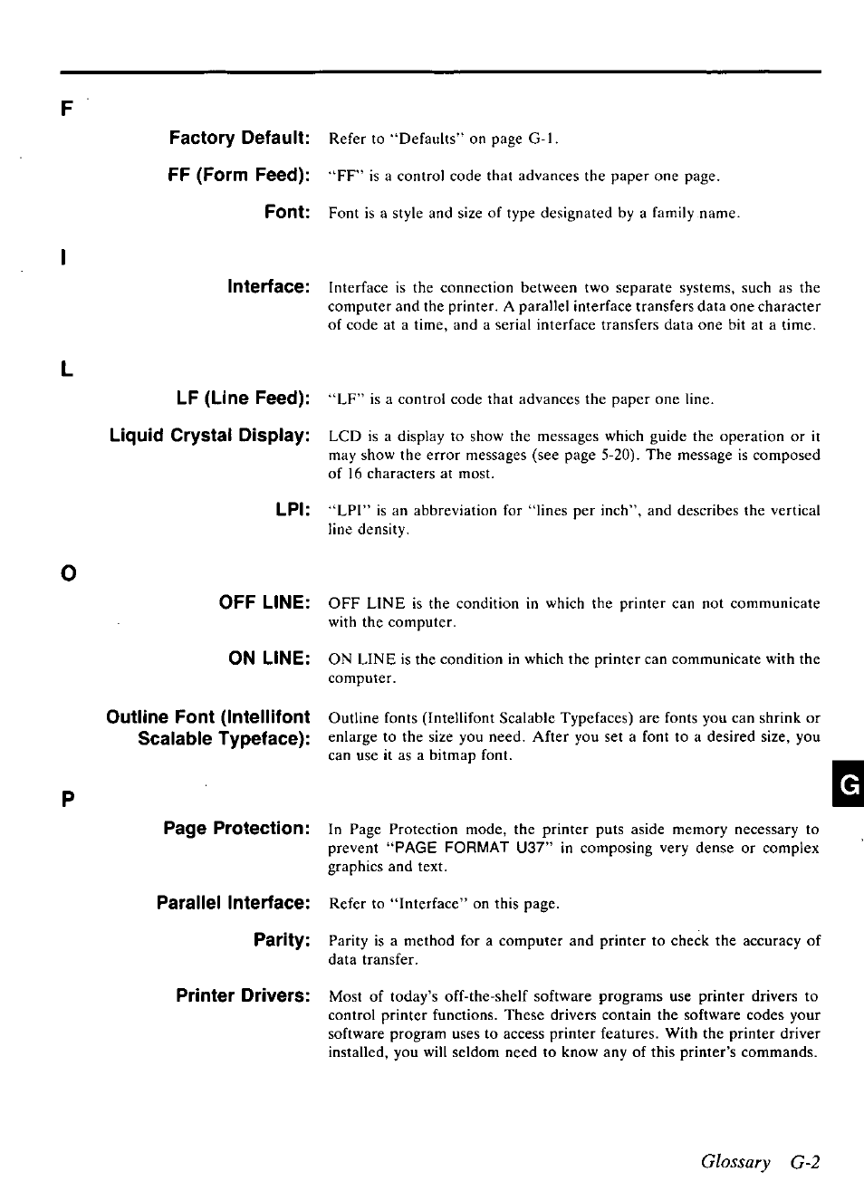 Glossary g-2, Factory default, Ff (form feed) | Font, Interface, Lf (line feed), Liquid crystal display, Off line, On line, Outline font (intellifont | Panasonic KX-P4440 User Manual | Page 145 / 152