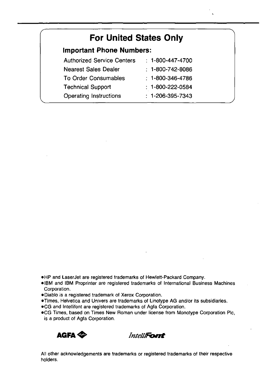 Agfa, Intellt, For united states only | Panasonic KX-P4440 User Manual | Page 3 / 152