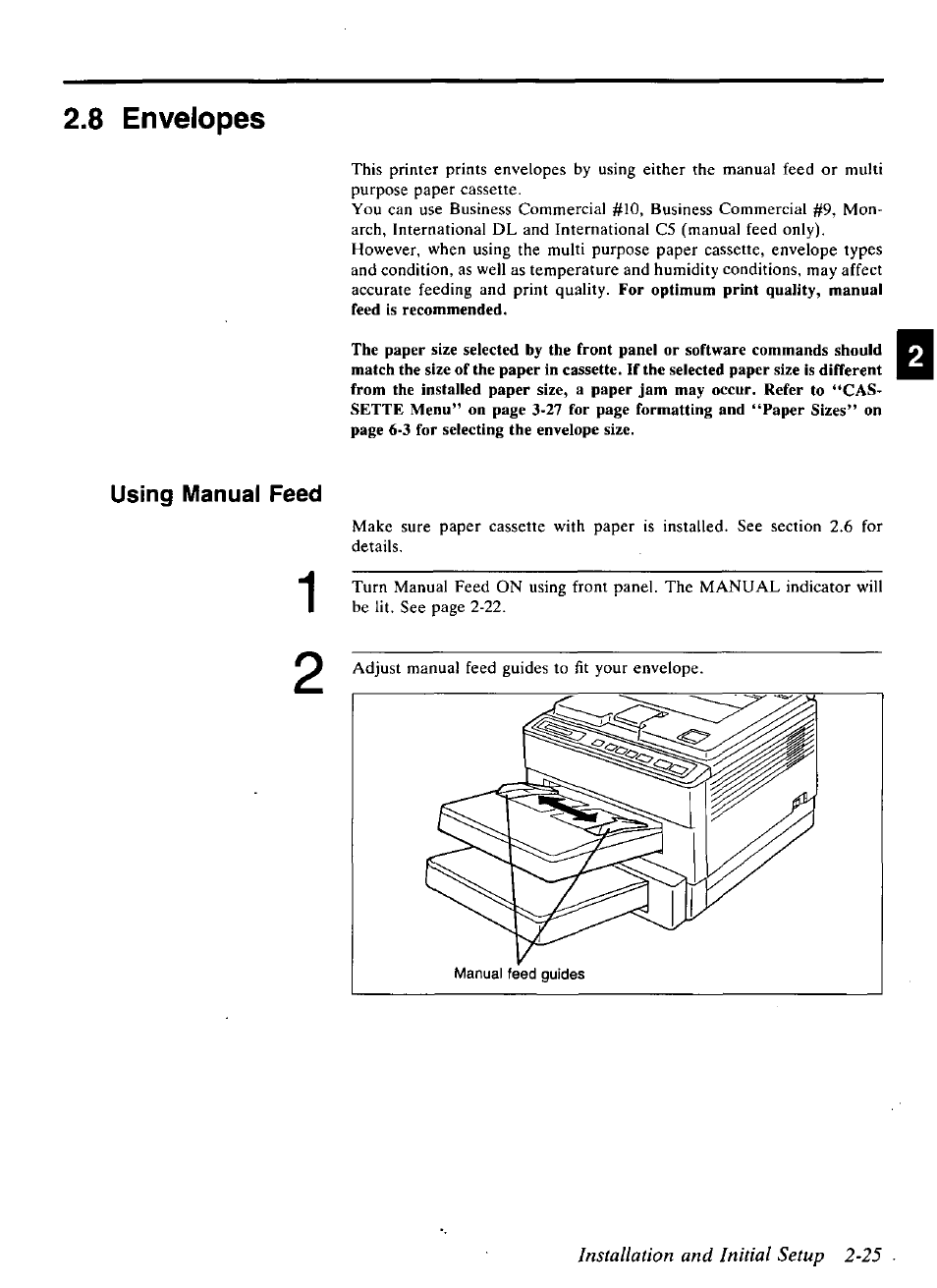 Installation and initial setup 2-25, 8 envelopes, Using manual feed | Panasonic KX-P4440 User Manual | Page 37 / 152