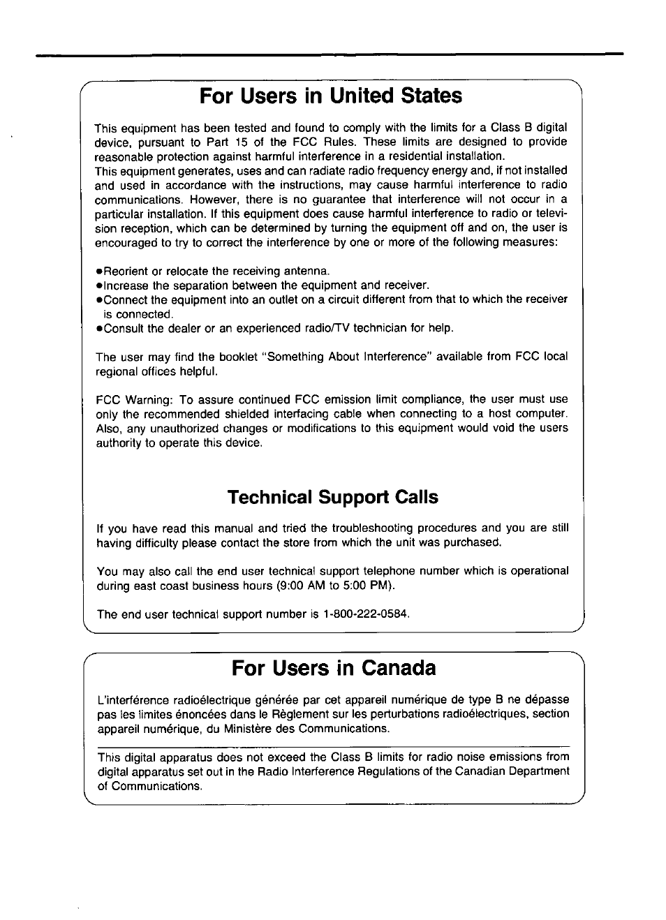 For users in united states, For users in canada, Technical support calls | Panasonic KX-P4440 User Manual | Page 4 / 152