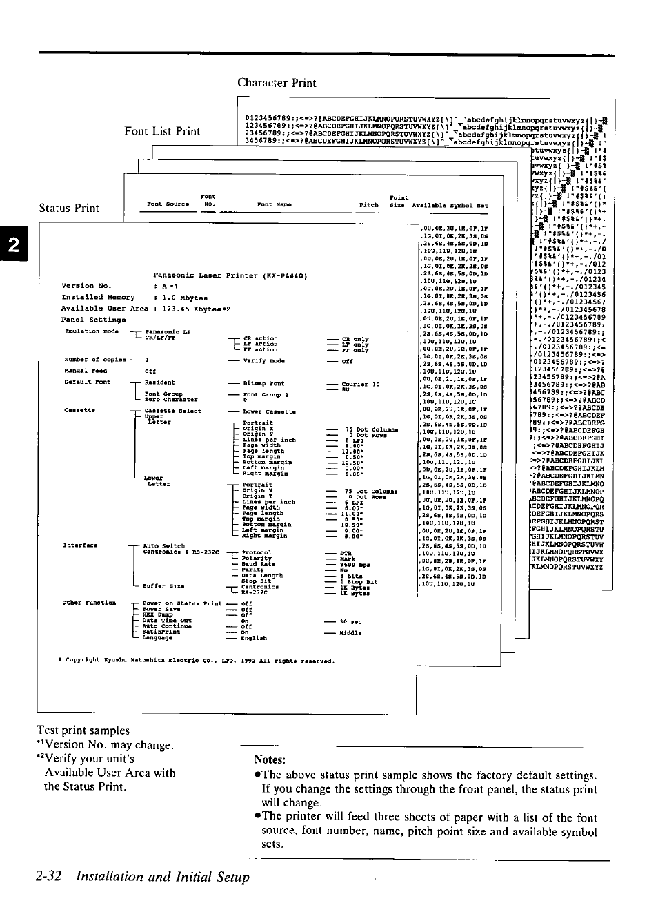 32 installation and initial setup, Character print font list print status print, Htuvwxyzi f>~8 '■« :uvwxyz{ ivwxyzi | И!};^ 1-#$%ь'0, I
