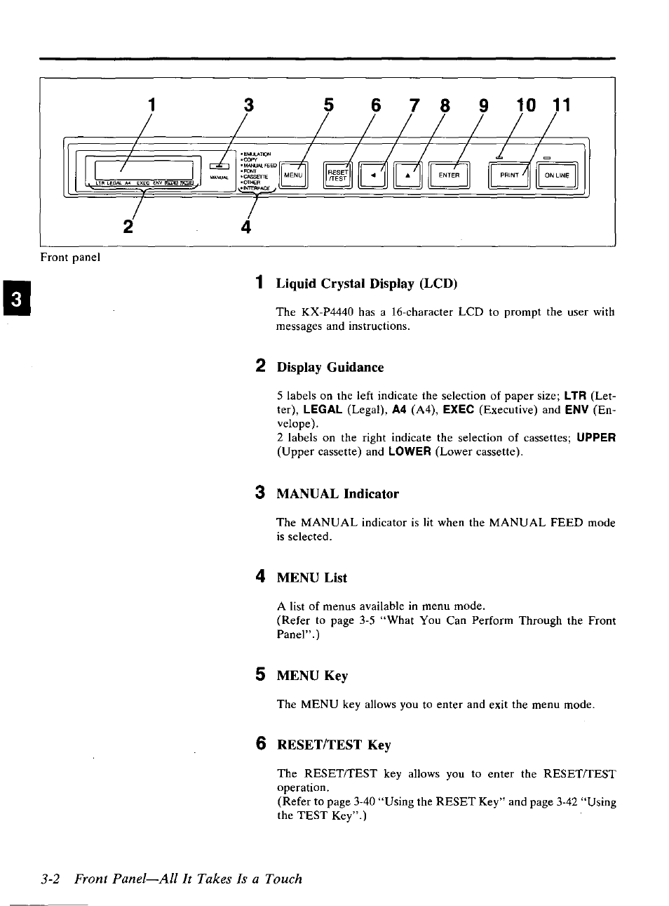 2 front panel—all it takes is a touch, Liquid crystal display (lcd), Display guidance | Manual indicator, Menu list, Menu key, Reset/test key | Panasonic KX-P4440 User Manual | Page 46 / 152