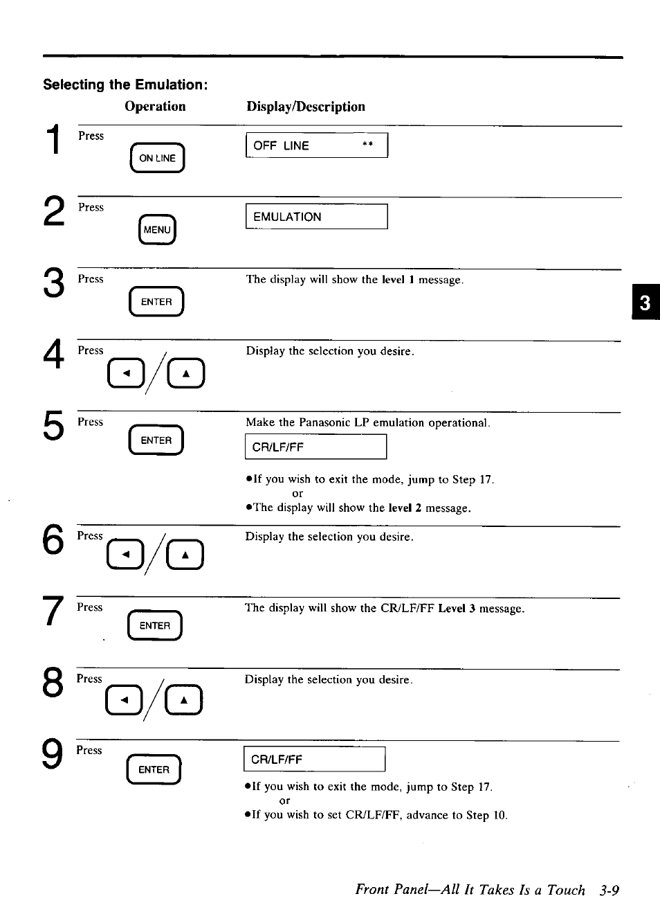 C3/q, 6 -q/q, Front panel—all it takes is a touch 3-9 | Panasonic KX-P4440 User Manual | Page 53 / 152