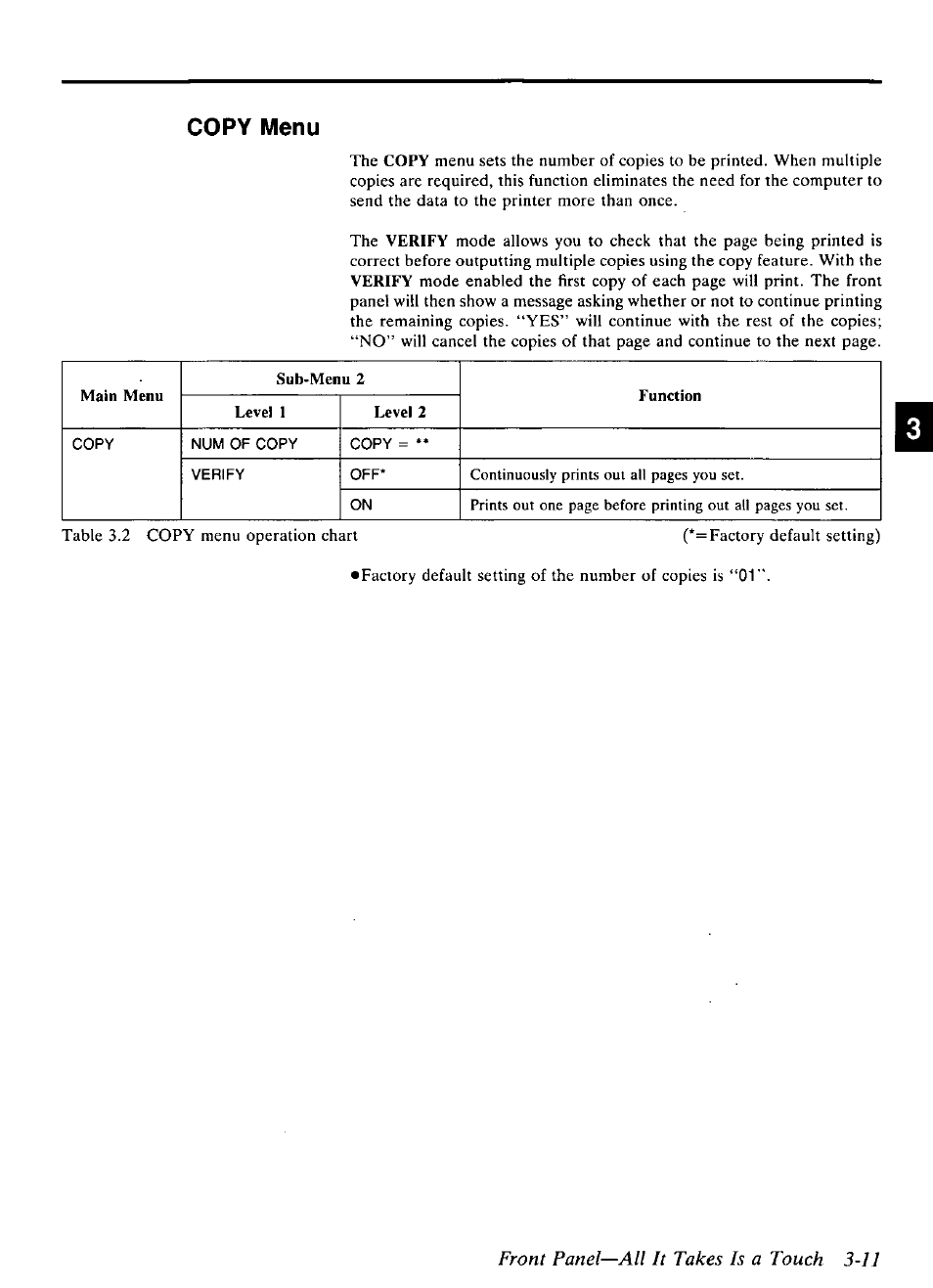 Front panel—all it takes is a touch 3-11, Copy menu | Panasonic KX-P4440 User Manual | Page 55 / 152